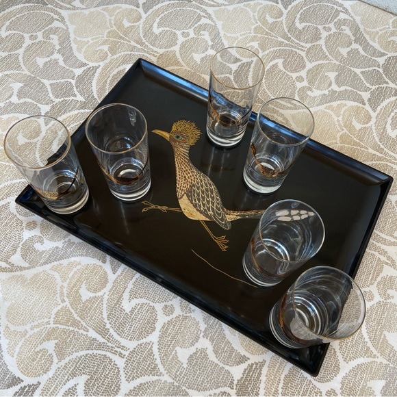Couroc Mid Century Roadrunner Set Large Serving Tray with Six Highball Glasses - Picture 3 of 17
